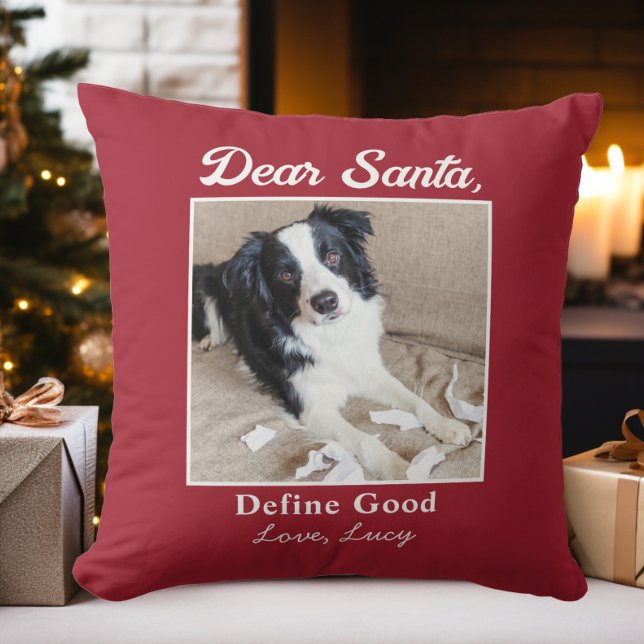 Almofada Foto engraçada de Natal do cachorro gato querido P (Funny Dear Santa Pet Dog Cat Christmas Photo Throw Pillow)