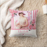 Almofada Foto floral de listras brancas cor-de-rosa-90 de a<br><div class="desc">Um presente para um 90 de aniversário feminino. Listras verticais claras e finas clássicas, cor-de-rosa e brancas, sobre um fundo branco. Com flores femininas e femininas, rosas e peônias cor-de-rosa como decoração. Um quadro na frente com modelos para os 90 anos, nome e datas. Letras cor-de-rosa. Modelo para sua própria...</div>