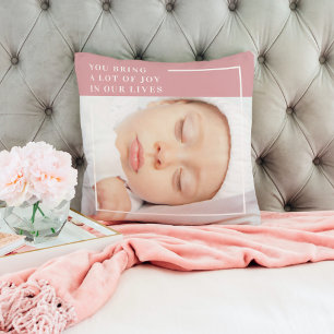 Almofada Foto Fofa de Bebê Chique Rosa e Branco Citação
