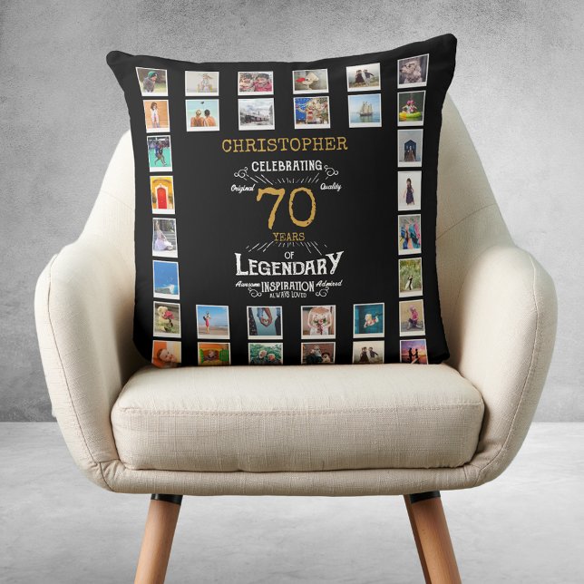 Almofada Foto lendária Dourada de 70 Birthday Black (70th Birthday Black Gold Legendary Photo Throw Pillow
)