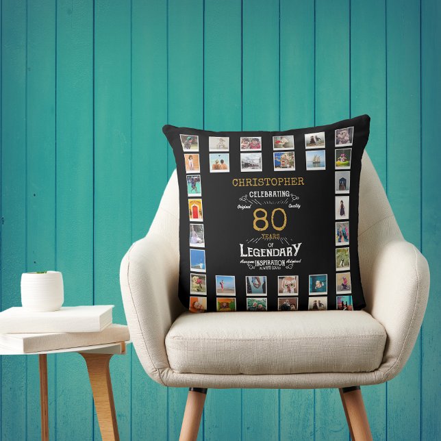 Almofada Foto lendária Dourada de 80 Birthday Black (Personalized 80th birthday gift throw pillow with 32 photos of your choice)