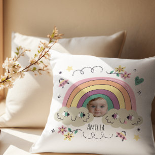 Almofada Foto & Nome Personalizados do Bebê em Arco-íris