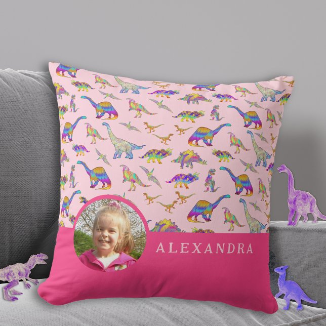 Almofada Foto Personalizada de Dinossauro e Nome Rosa (Colorful dinosaur personalized photo and name pink pillow Custom dino kids bedroom decor)