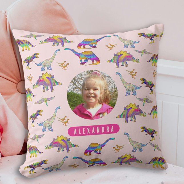 Almofada Foto personalizada do Dinossauro Colorida e Nome R (Colorful dinosaur pattern personalized name and photo girls pink pillow)