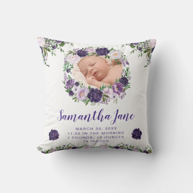Almofada Fotos Bebê Flores Roxas e Creme em Aquarela (Frente)