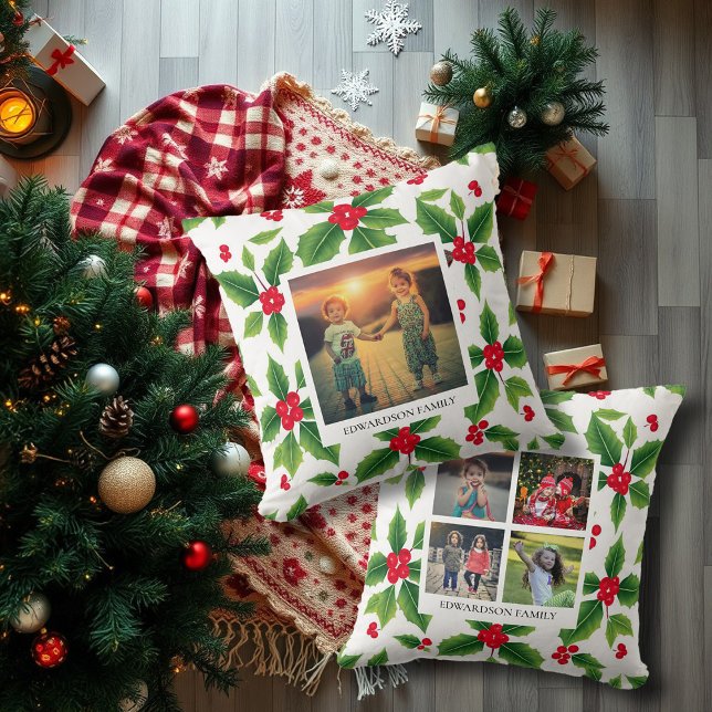 Almofada Fotos da família elegante, natal personalizado (Elegant family photos personalized christmas throw pillow. Unique pillow for the Holiday season.)
