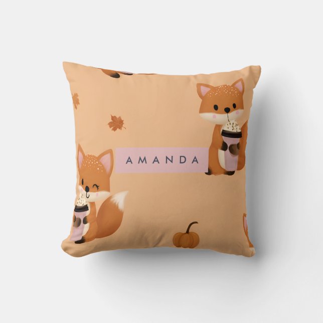 Almofada Fox de outono personalizada com padrão de café (Frente)