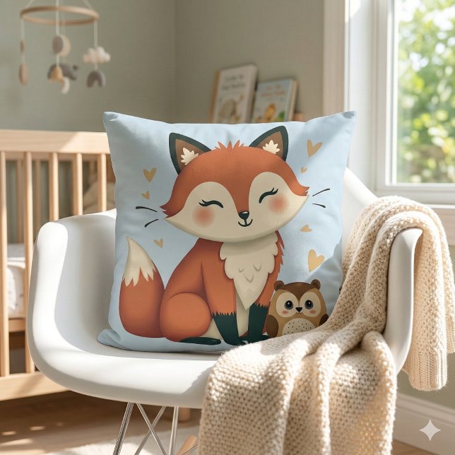 Almofada Fox e Coruja Cachorro (Cute Fox and Owl Whimsical Woodland Illustration Throw Pillow Mockup A)