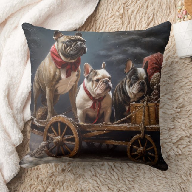 Almofada Francês Bulldog Snowy Sleigh Decência de Natal (Cobertor)