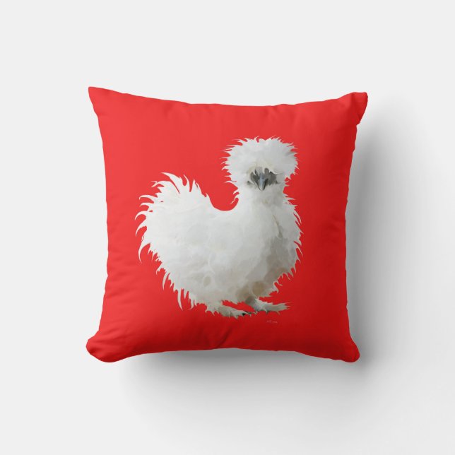 Almofada Frango Silkie sobre Vermelho (Frente)