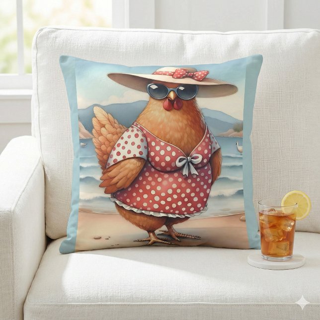 Almofada Frangos de maiô à beira-mar (Chickens in Swimsuits at the Seaside Throw Pillow Mockup A)