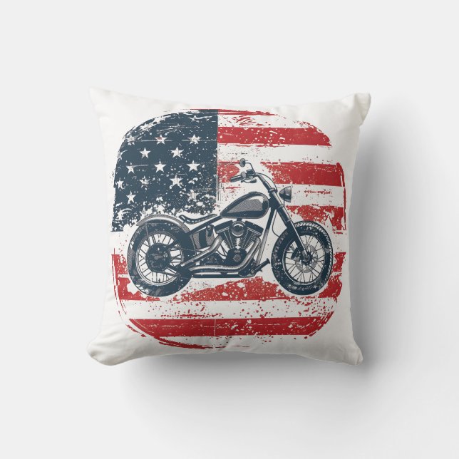 Almofada Freedom Ride: Retro Motorcycle and American Flag (Frente)