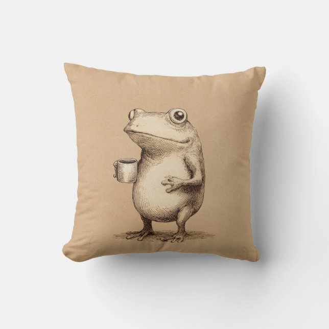 Almofada Frog with Coffee – Whimsical Vintage Animal (Frente)