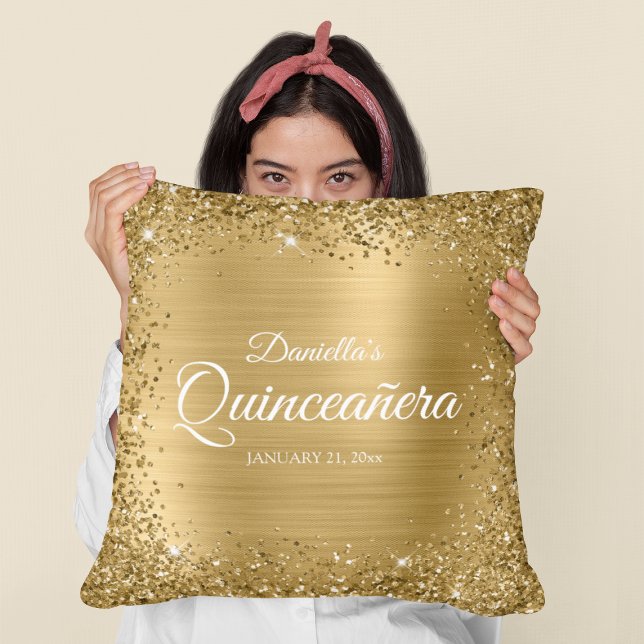 Almofada Fronteira de Brilho Dourado Quadrado e Folha de Qu (Birthday Gift for Your Daughter)