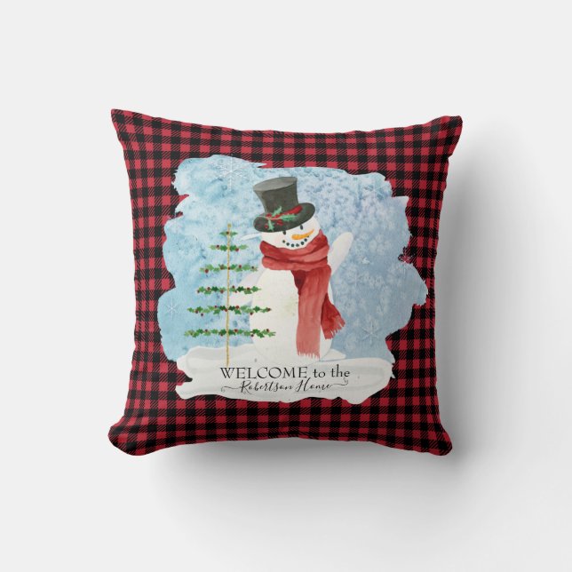 Almofada Frosty Snowman Winter Christmas Red Xadrez (Frente)