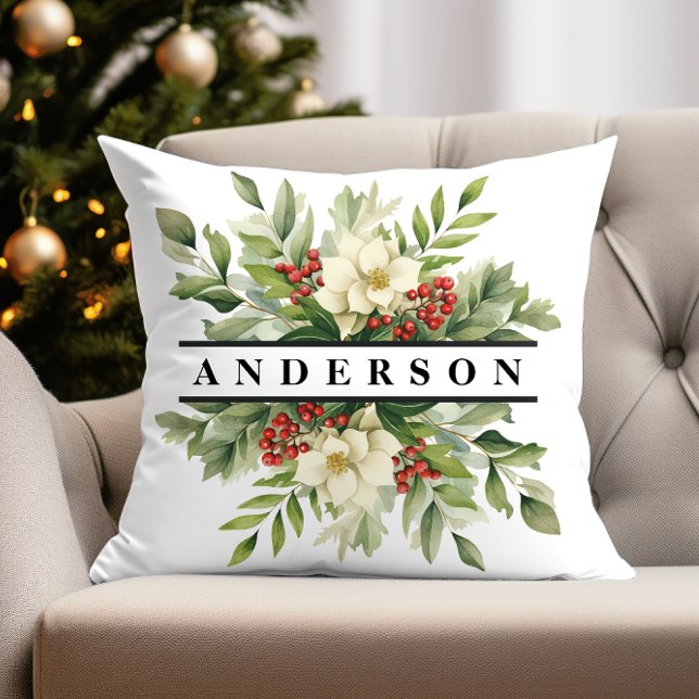 Almofada Frotas Botânicas de Natal - Férias Férias (personalized christmas throw pillow with winter floral design for traditional holiday decor)