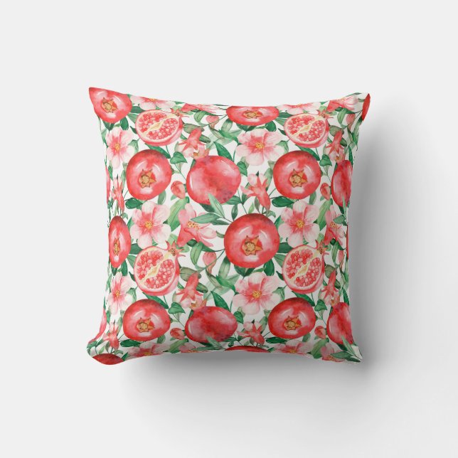 Almofada Fruta de romã rosa avermelhada e flores pequenas (Frente)