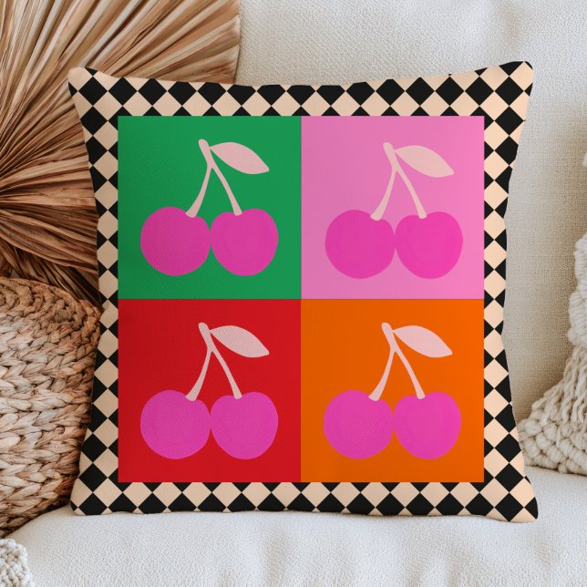 Almofada Frutas de Cereja Rosa em Padrão Xadrez Pop Art (Criador carregado)