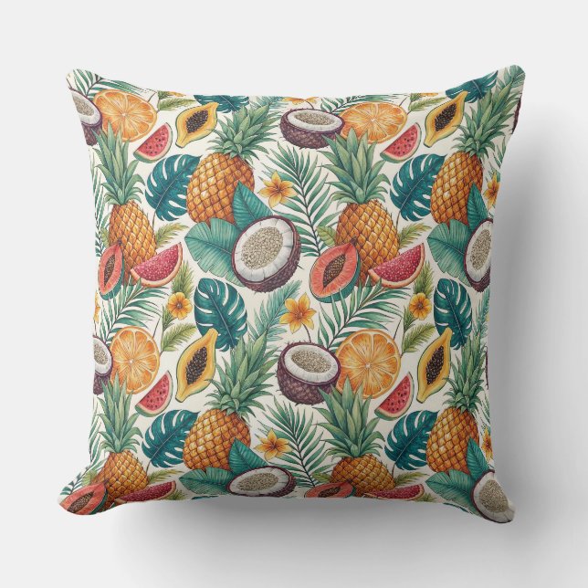 Almofada Frutas Tropicais - Design de Verão de Abacaxis e M (Frente)