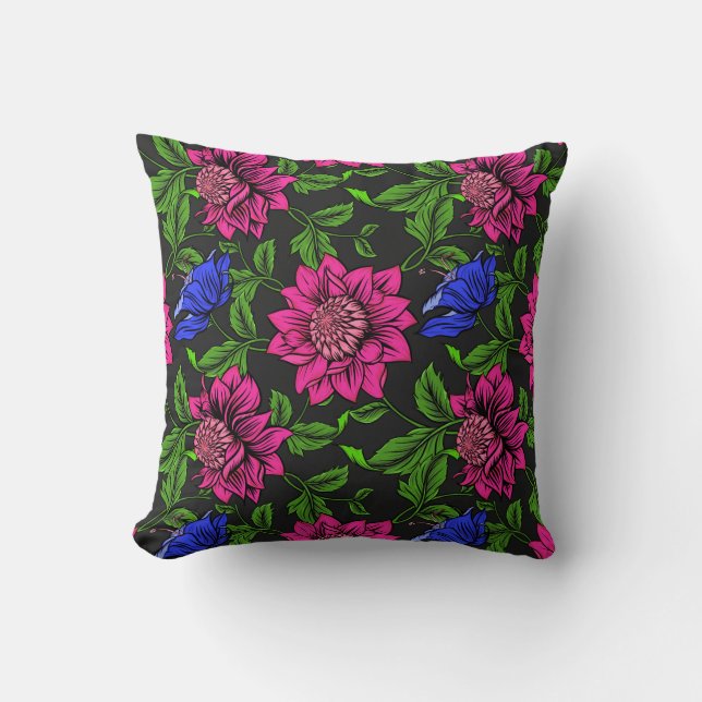 Almofada Fuchsia Elegante E Fundo Preto Flor Azul (Frente)