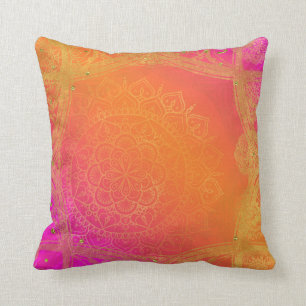 Almofada Fúcsia Laranja Rosa e Dourado Glam Mandala Indiana