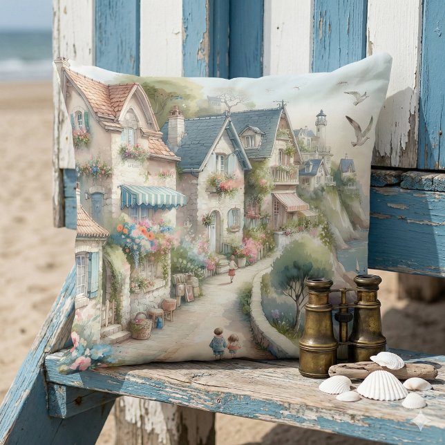 Almofada Fuga para Vila de Cottage Costeira Pastel (Pastel Coastal Cottage Village Escape Throw Pillow Mockup A)