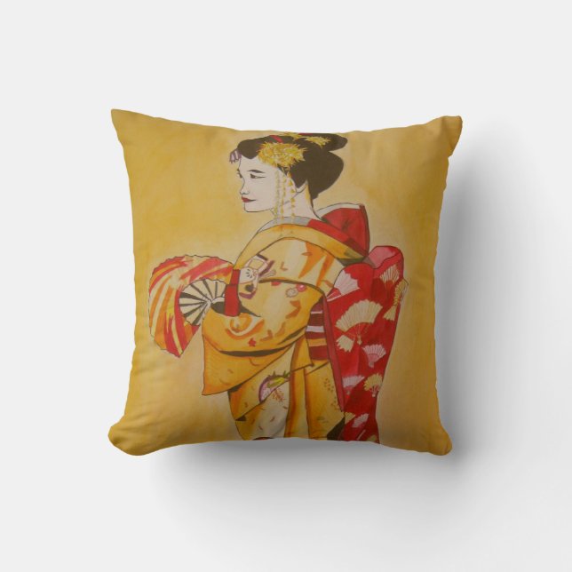 Almofada Fundo amarelo-ouro Geisha japonês (Frente)