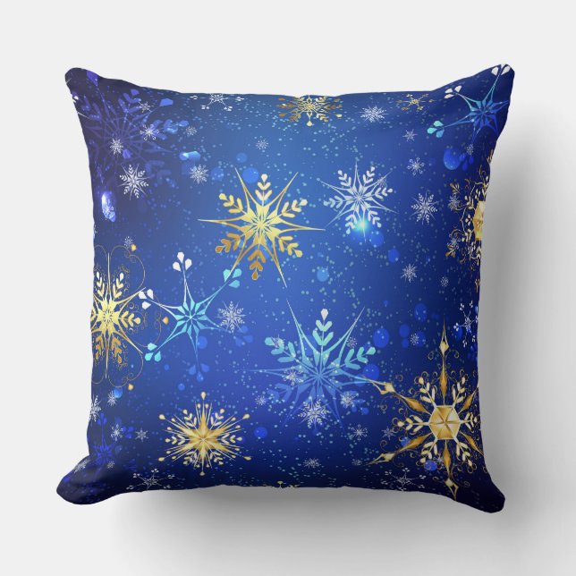 Almofada Fundo Azul XMAS com Flocos de Neve Ouro (Frente)