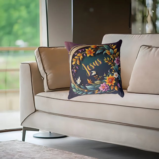 Almofada Fundo Escuro - Fé Personalizável Floral Baseada em (Criador carregado)