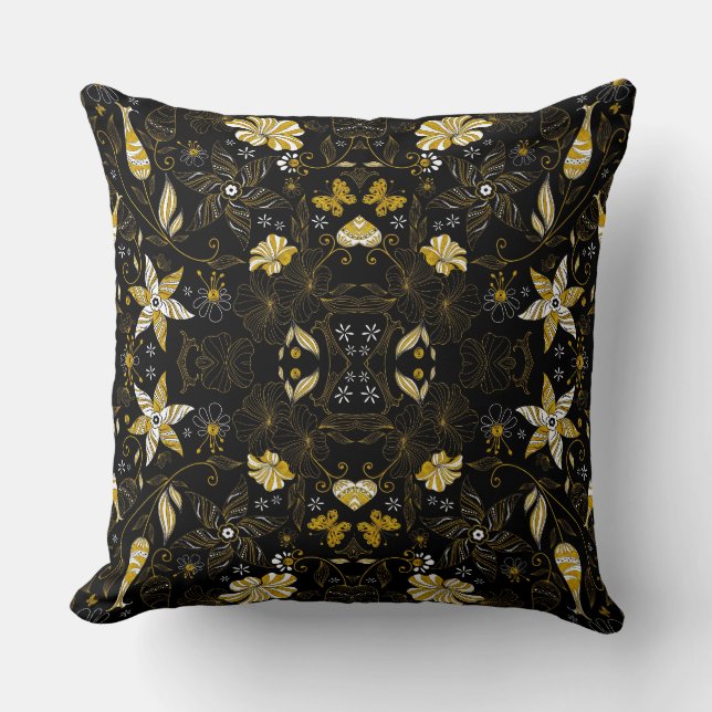 Almofada Fundo floral ouro preto-branco (Frente)