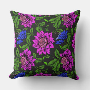 Almofada Fundo Preto Cor-De-Rosa Elegante E Flor Azul