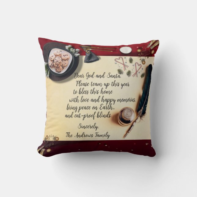Almofada Funny "Dear God and Santa" Note and Quill Pen (Frente)