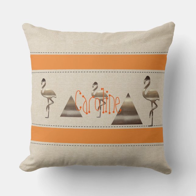 Almofada Funny Flamingo Linen Orange Strips Adicionar Nome  (Frente)