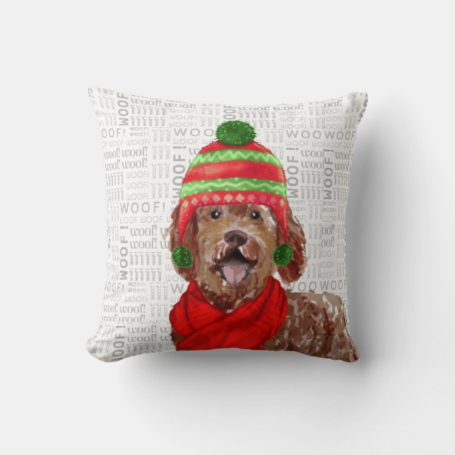 Almofada Funny Labradoodle Dog Watercolor Natal (Frente)