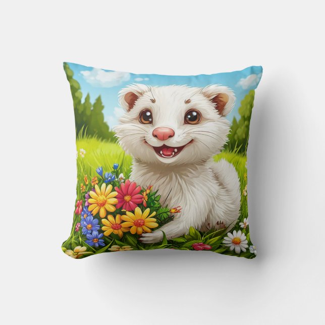 Almofada 🐾 Furão Branco Fofo Decoração de Jardim Floral 🌸 (Frente)