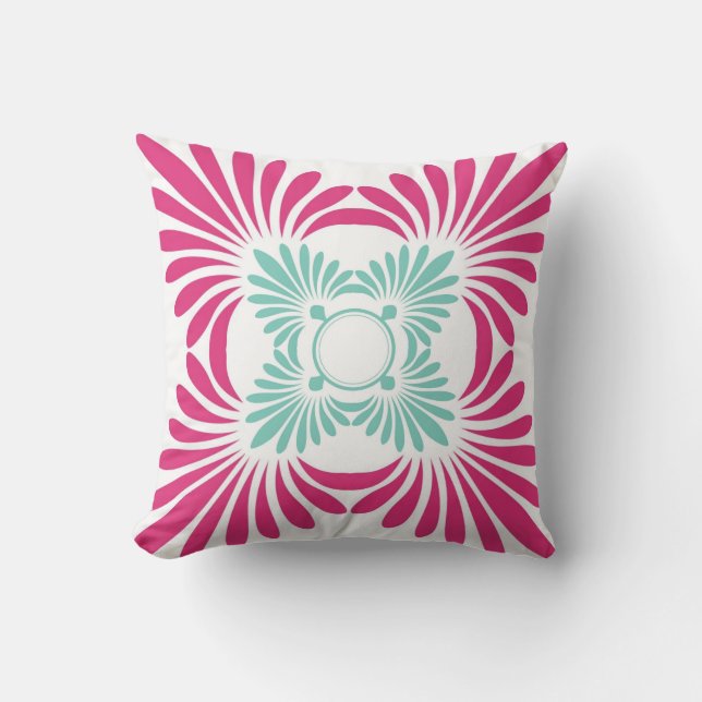 Almofada Fuschia Reversível Rosa E Floral Verde Mint (Frente)