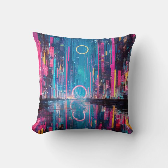 Almofada Futuristic Vibrant Neon Night Cityscape (Frente)