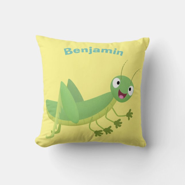 Almofada Gafanhoto de desenho animado verde fofo feliz (Frente)