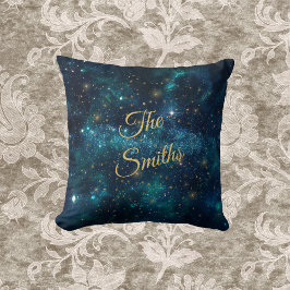 Almofada Galáxia Azul e Dourada de Starry com Nome Monogram