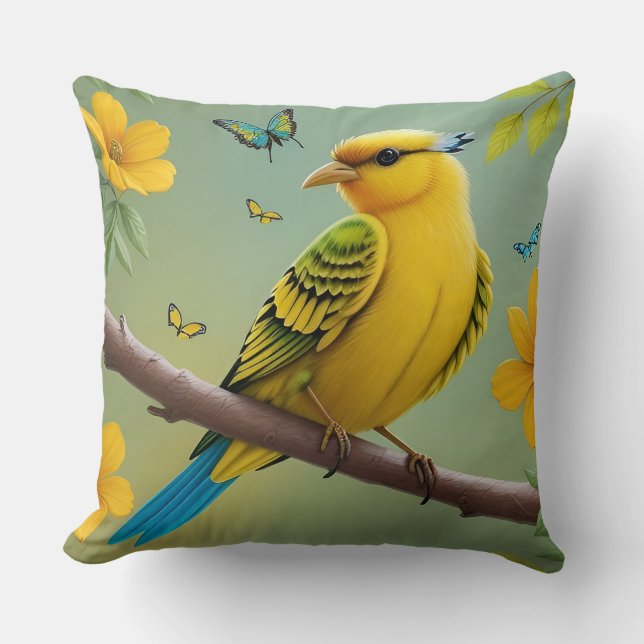 🐦 Almofada Galho de Pássaro Amarelo Decoração de  (Frente)