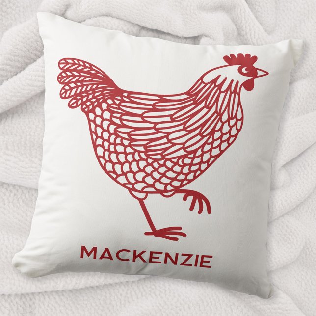 Almofada Galinha Galinha Aves Personalizadas, Vermelhas e B (Personalized name red chicken hen poultry farmhouse throw pillow)
