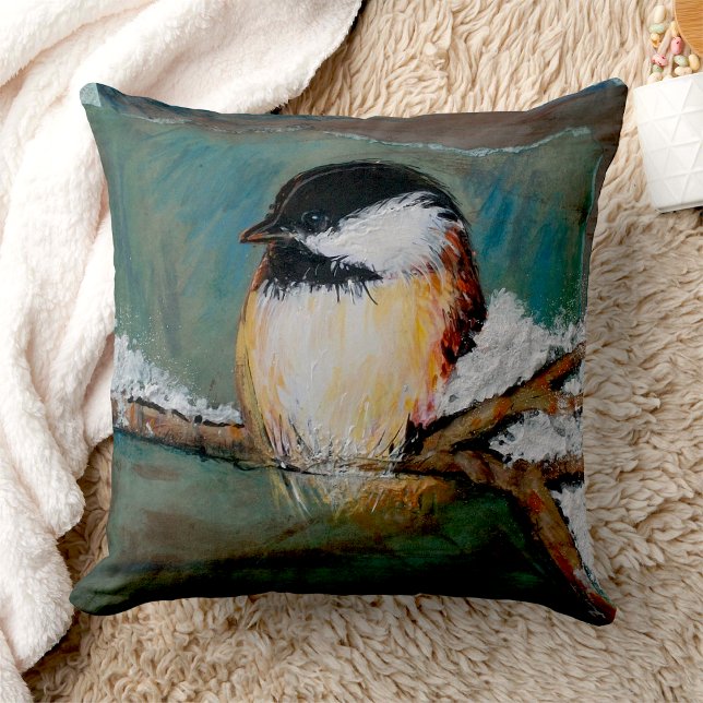 Almofada Galinha Gelada Negra-Negra-Invernal (Cute Chickadee Bird throw pillow from Jenn's Emporium. )
