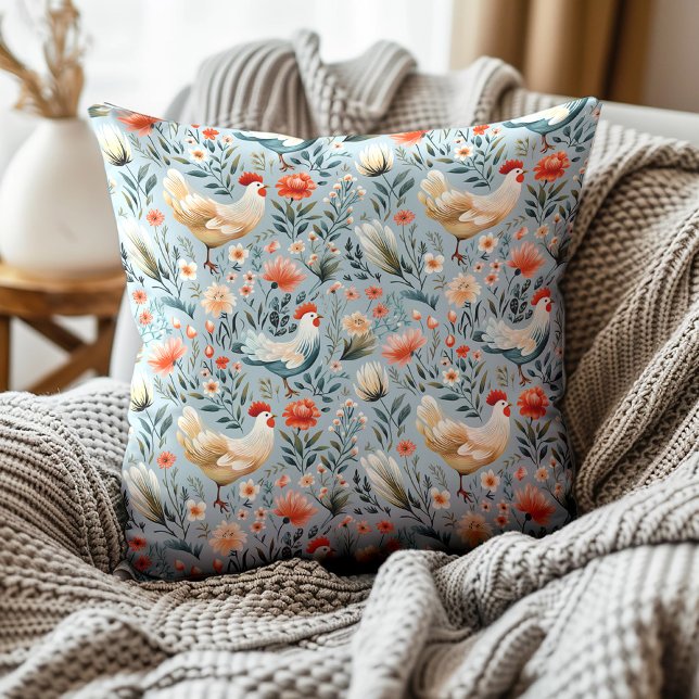 Almofada Galinhas Galhadas Farmação Azul Dusty (Blue and white rooster pattern decorator pillow)
