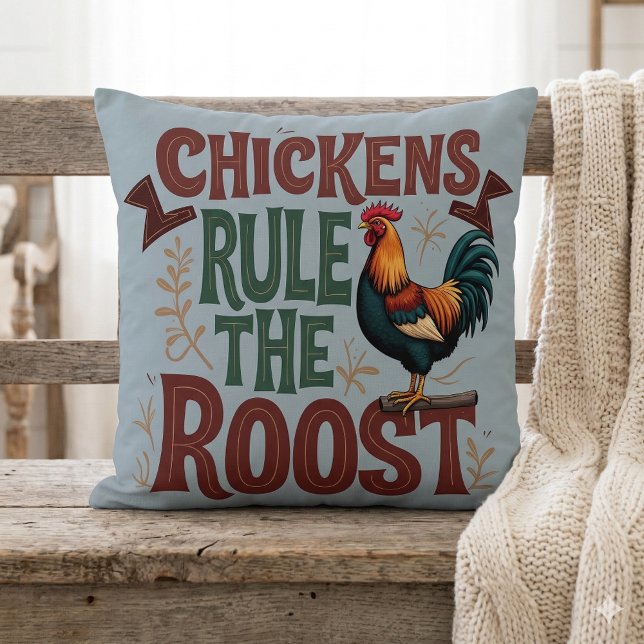 Almofada Galinhas Ordenam a Ilustração da Fazenda Rústica (Chickens Rule the Roost Rustic Farm Illustration Throw Pillow Mockup A)