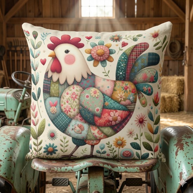Almofada Galo de Patchwork Folclórico com Acentos Florais (Folk Patchwork Rooster with Floral Accents Throw Pillow Mockup D)