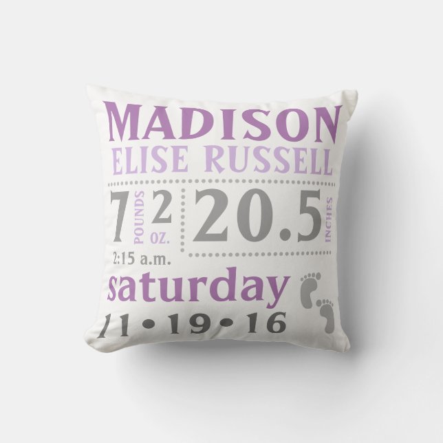 Almofada Garota bebê anunciando Travesseiro Cinza roxa (Frente)