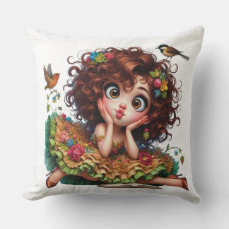 ALMOFADA GAROTA BONITA COM VESTIDO E AVES