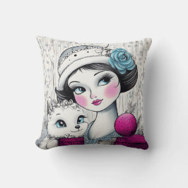 Almofada Garota Brilhante Rosa Brilhante e Jovem Gato