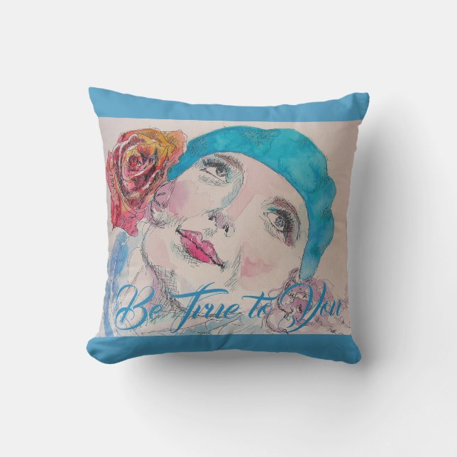 Almofada Garota com Rosa vermelha Beret Watercolor Cushion (Frente)
