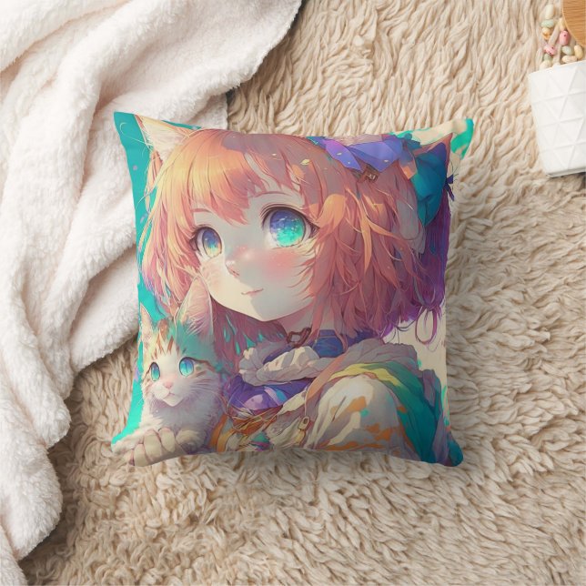Almofada Garota de Anime Segurando um Adorável Gatinho (Cobertor)